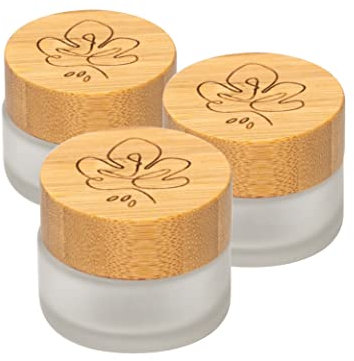mixcover skinkitchen Hochwertige Glastiegel mit Bambusdeckel und Gravur, für selbstgemachte Kosmetik, Gewürze, Tee, Geschenkverpackung und vieles mehr, 3er Set (20g frosted)
