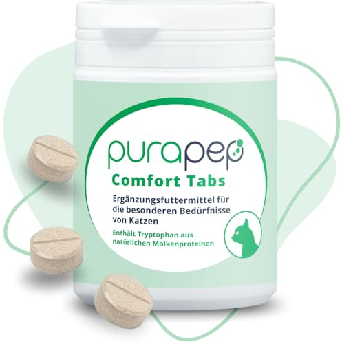 purapep Comfort Katzen Tabs – Natürliches Beruhigungsmittel mit Tryptophan, Calcium & B Vitaminen – bei Stress, Angst & Silvester. Für entspannte Katzen in jeder Situation. Lecker + wirksam |240 Tabs