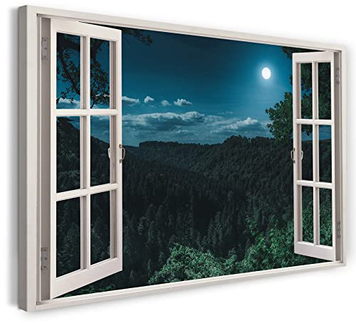 Printistico Bilder Fensterblick 120x80cm Baumwoll-Leinwand auf Keilrahmen mit Aufhänger moderner Kunstdruck XXL Wandbilder Wand-Dekoration Vollmond Wald Licht Natur Pflanzen - Natur-Fotografie