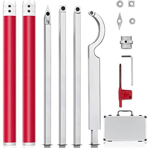 Drechseleisen Set, Hartmetallbestückter Holzdreh Werkzeugsatz, Schwanenhals/Round/Square/Diamantform 2 Aluminiumgriffe, Austauschbare Drehdreh Maschinenmeißel Drechselmeißel