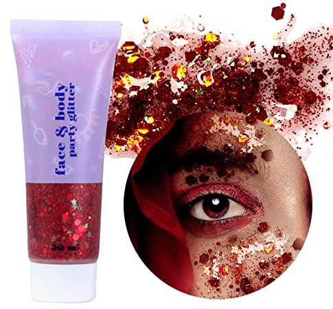 Prreal Red Body Glitter Gel 50ml, Face Glitters Body Gel Sequins | Shimmer Liquid Eyeshadow, Chunky Glitter for Hair Nails, Holographic Cosmetic Laser Powder Festival Glitter Makeup#Red
