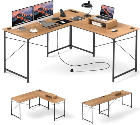 COSTWAY L-Shaped Computer Desk, 240cm Reversible Double Study Writing Workstation for 2 Person, Large Long Corner Home Office Desk Wooden PC Laptop Gaming Table with Monitor Stand (Natural)