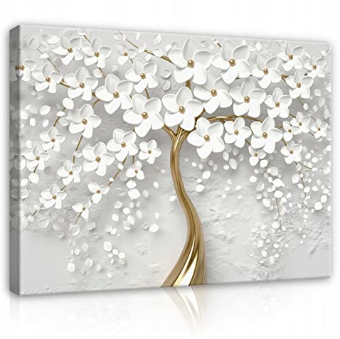 WallArena Leinwand Bilder - Blumen Baum gold Blumen weiß - 60x40 cm | Leinwandbilder, Bild auf leinwand, Wandbild XXL groß Wandbilder für Wohnzimmer Schlafzimmer Wohnzimmerbilder