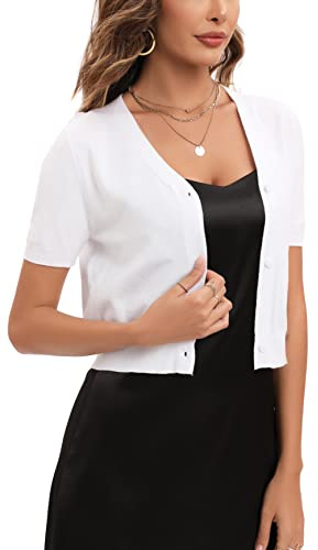 Bolero Cardigan Corto Torera Mujer Suéter Botones Chaqueta de Punto Básico Shrug Manga Corta Cuello en V Abrigo Fiesta Clásico Manga Corta Blanco XL