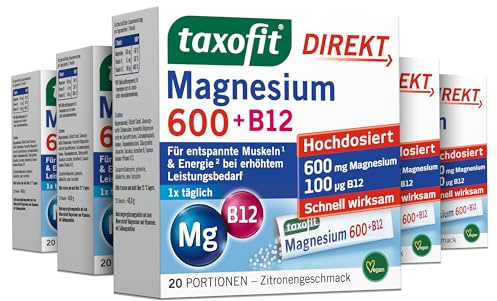 taxofit Magnesium 600 + B12 Direkt | für Muskeln & Energie | 5 x 20 Sticks