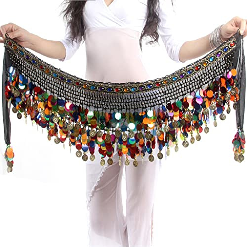 Wuchieal Women‘s Belly Dance Hip Scarf, Sweet Belly Dance Skirt Wrap Performance Bling Sequins Coins, Belly Dance Costume (Black with Colorful Coins& Gemstone)