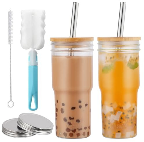 2 Stück Bubble Tea Becher, 22OZ Smoothie Becher mit Strohhalm und 2 Deckeln & 2 Luftdichten Deckeln, Boba- Gläser Kaffee Tasse Reisebecher für Bubble Tea, Smoothie, Saft, Eiskaffee