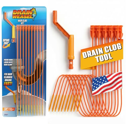 FlexiSnake Drain Weasel Sink Snake Hair Clog Remover Tool, Sink, Pipe, Bathroom, Bathtub Drain Cleaner, 18-inch Long, Flexible, Made in The USA, 10 Pack Wand Refills and Removable Handle