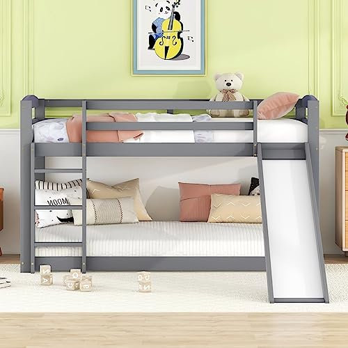 Dolamaní Hochbett mit Leiter und Rutsche, Etagenbett, Massivholzrahmen Kinderbett, 90 x 200 cm, Sichere und Sturzsichere Ausführung, für Jungen und Mädchen, Kinder und Jugendliche, (Grau)