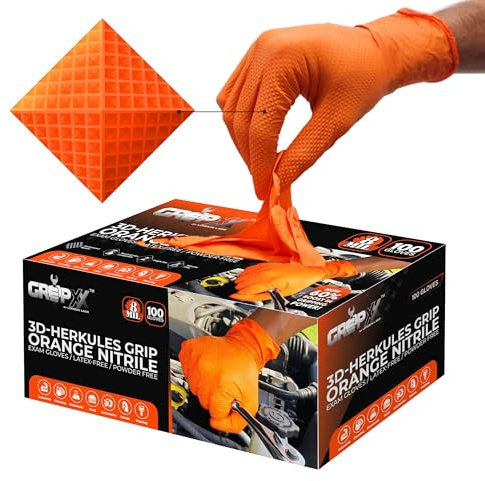 GRIPXX Herkules Grip Heavy Duty 8Mil Orange Nitrile Gloves,3D Raised Diamond Texture-Latex & Powder Free-Industrial, Mechanic (1, X-Large)