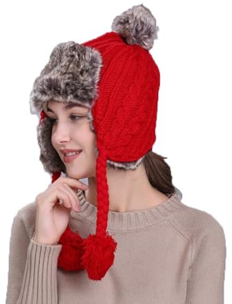 QICHEN Damen Winter Hut Fliegermütze Ohrenschützer Trapper Mütze mit Bommel Warm Fellmütze (DE/NL/SE/PL, Numerisch, 56, 59, Rot)