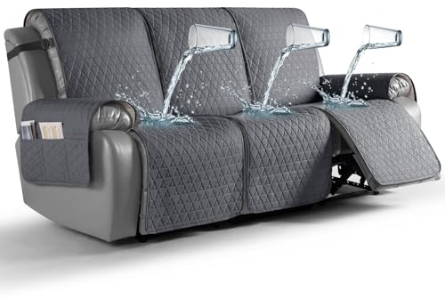 TAOCOCO 100% Waterproof Recliner Cover, Non-Slip Washable Reclining Couch Cover with Elastic Leg Straps, Furniture Protector for Dogs (Dark Gray, 3 Seater)