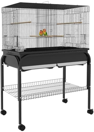PawHut Grande gabbia per uccelli, gabbia per pappagalli, voliera per uccelli da interni e da esterni, con supporto, ruote per cacatua pappagalli canarini, acciaio, 85 x 49 x 119 cm, nero