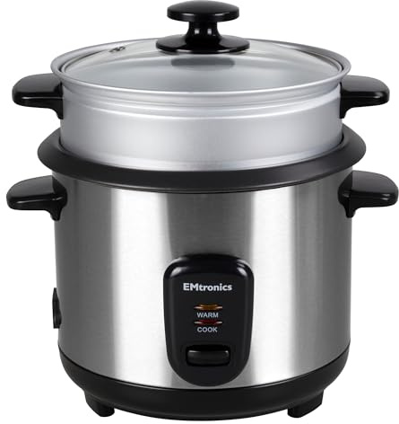 EMtronics EMRCCSTSS1 Rice Cooker 1 Litre with Automatic Cooking, Steamer Tray and Warmer Function with Removable Non-Stick Bowl, Measuring Cup and Spatula 400W - Stainless Steel