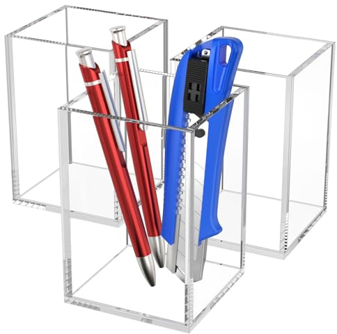 AITEE Klarer Acryl Stifthalter, 3 Stück Quadratisch 7,6 x 7,6 x 10,9 cm | Pinselhalter, Schreibtisch-Organizer, Stifttopf, Make-Up-Pinselhalter für Büro, Schule, Haushaltsbedarf