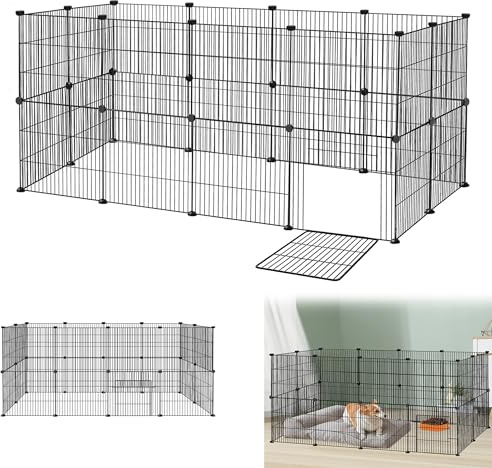 Suusolny Freigehege Kaninchen Gittergehege Haustier Laufstall Metallgitter Gehege Welpengehege Kleintierkäfig Meerschweinchen Käfig für Innen und Aussen (Schwarz, 24pcs mit Türen 142x72x72cm)