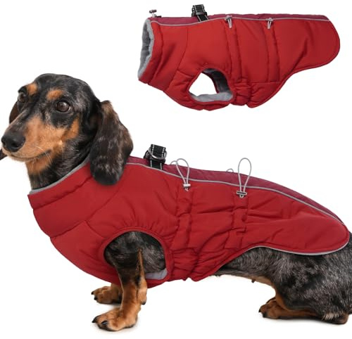 Katzinst Hunde Wintermantel Wasserbeständig, Verstellbarer Halsausschnitt, Hundemantel mit Geschirr und Durch Verstellbare Gummizüge, Hundebekleidung für Mittlere Hunde, Beagle, Rot, M