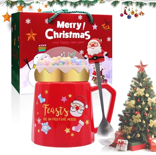 Horuili® Weihnachtsbecher Mit Deckel, Weihnachtsbecher-Set mit Deckel und Löffel, Weihnachts-Keramikbecher, Kaffeetasse Milchtasse, für Weihnachten Freunde Familie Liebhaber Geschenkidee (rot)