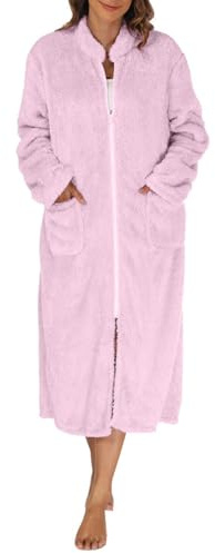 Mrat Damen-Bademantel aus Fleece, flauschig, superweich, mit Reißverschluss, langärmelig, warm, gemütlich, wadenlang, Bademantel, bequem, Loungewear, Nachtwäsche