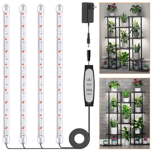 4 Barras de Luz para Cultivo de Plantas, Lámpara de Luz Solar de Espectro Completo con Temporizador 6/12/18H, 5 Niveles Regulables para Suculentas, Estante para Plantas, Bajo Armario