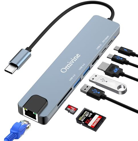 8-In-1 USB-C Hub mit 1G Ethernet, PD 100W, 4K HDMI, 2 X USB 3.0, 1 X C, SD/TF Kartenleser, Typ-C Splitter Adapter für iPhone 16/15, MacBook, iPad, Samsung, MacBook, Surface, Dell, Laptop, PS4, TV