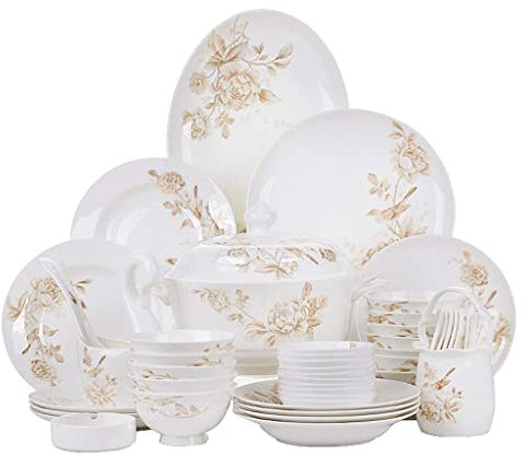 ABNNHK Juego de vajilla de cerámica con 50 Piezas, Plato, Olla para Sopa y Cuchara | Juegos de vajilla de Porcelana China, Juego Completo de combinación de Porcelana Garden Spring