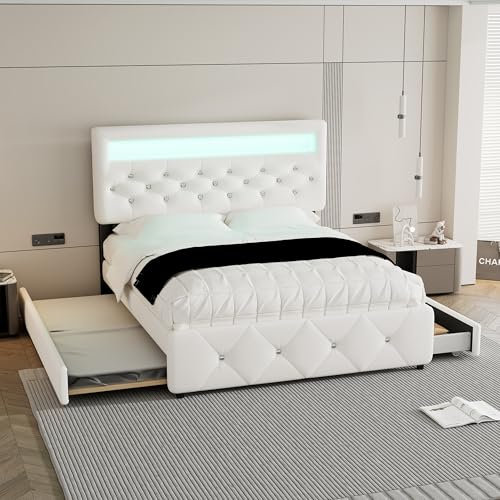 Arhatreya Polsterbett 140x200 cm, Doppelbett mit Bettauszug, Podestbett mit 2 Schubladen, Nachttisch mit Lichtleiste, Bett mit Ausziehbett für Jugendliche Erwachsene (Ohne Matratze) Weiß Linen