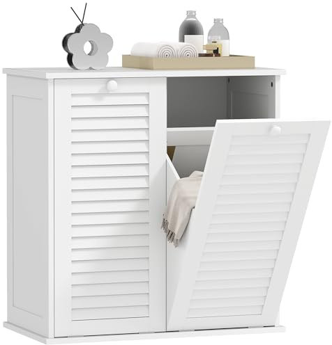 HOMCOM Wäscheschrank, Badschrank mit 2 Wäschekörben, Badezimmerschrank mit Griffen, Lamellentüren Wäschesammler Badmöbel für Badezimmer 70 x 38 x 73 cm Weiß
