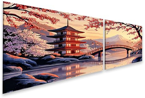 islandburner Tableau sur toile Paysage japonais avec pagode et fleurs de cerisier pour le salon Amateurs d'art Images murales Poster