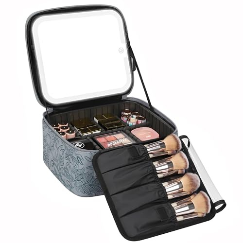 Relavel Travel Makeup Bag With LED Mirror for Women, Cosmetic Organizer Bag with Adjustable Brightness in 3 Color Scenarios, Detachable Dividers, Waterproof Train Case for Daily - Dark Blue FLower