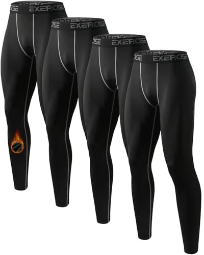 Orrfreer 4 Pack Men's Thermal Underwear Trousers Long Johns Fleece Lined Thermal Leggings Warm Compression Pants Base Layer Leggings for Ski Running Outdoors 4 Black M