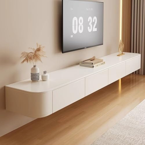 Mobile TV sospeso da parete, 240 cm, con grandi ripiani, console multimediale bianca moderna per soggiorno e camera da letto, elegante mobile TV