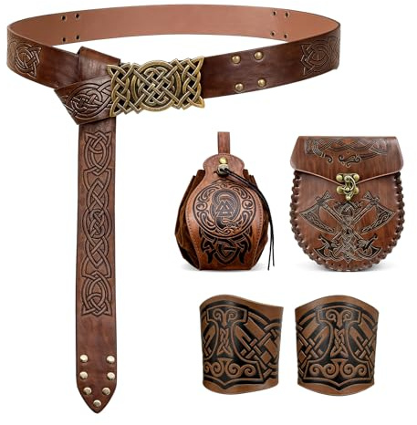 Ecoret-Pro Wikinger Gürtel Set, Mittelalter Gürteltasche Geprägte Kunstleder mit Manschette Armband & Lederbeutel, Mittelalter Ritter Zubehör, Wikinger Kostüm Accessoires Anzug für Herren, Braun