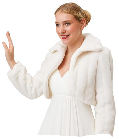 AUTTOGirl Giacca Bolero da Donna per Matrimonio, Giacca da Sposa in Pelliccia Sintetica, Maniche Lunghe, Collo Alto, bianco, XXL