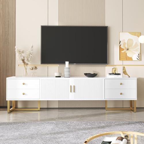 PUGSDRLY Meuble TV Moderne et Minimaliste 175x30x46cm, avec Portes Texturées, 4 Tiroirs, Poignées Dorées et Pieds Dorés, Les 2 Portes, Convient aux téléviseurs de 70 à 79 Pouces (White)