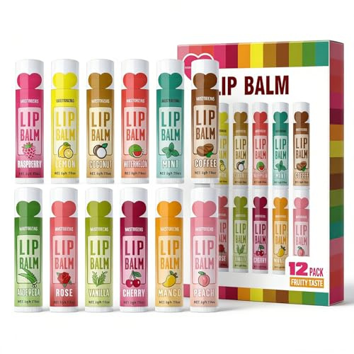12er Lip Balm mit Fruchtigen Düften, Feuchtigkeitsspendende Lippenpflege, Lippenbalsam Für Trockene Lippen mit Bienenwachs & Vitamin E, Lipgloss Set Geschenke Für Mädchen & Frauen, Women Gift Set