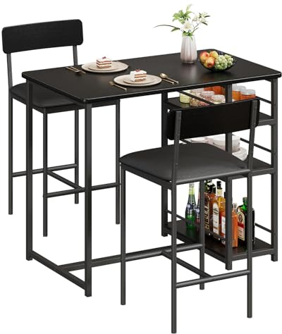 Bartisch Mit Barhocker Set 2 Personen,Holz Klein Küchenbar Mit 2 Stühlen,Hochtisch Küchentisch Mit 3 Staufächer Stauraum Für Esszimmer, Küche, Wohnzimmer, Vintagebraun,Stabile Metallhalterung,Schwarz