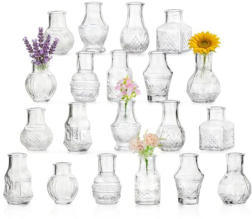 SGZIOO 20 styck Små vaser för bordsdekoration, små glasvaser 7-8 cm höga, vintage blomvaser, mini vaser set för bordsdekoration, bröllop, födelsedag, fest, vardagsrum, olika utseenden