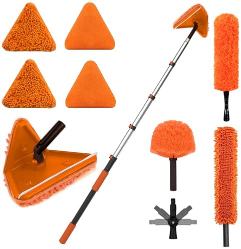 LAANPOLE 9M Feather Duster Kit with Long Handle, 6 PCS Wall Cleaning Mop with 180° Folding Ceiling Washer Scrubber and Squeegee, Microfiber Duster for Painted Walls, Window, Baseboard