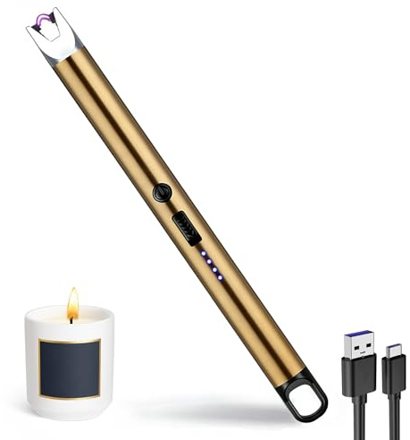 JIEYUCHU Encendedor Electrico, Encendedor Velas, Mechero Electrico USB Recargable Arco Electrico para Velas, Chimenea, Barbacoa, Camping (A-Oro Hielo)