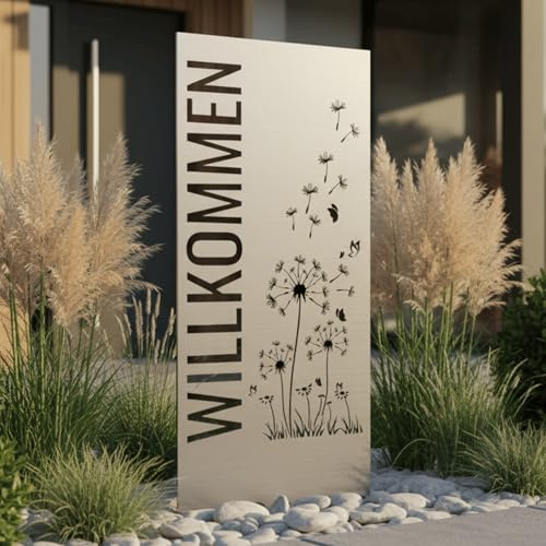 Terma Stahldesign Edelstahl Stele 120x50 cm Willkommen Pusteblume Gartenschild Gartenstele Sichtschutz modern Outdoor Handmade Germany