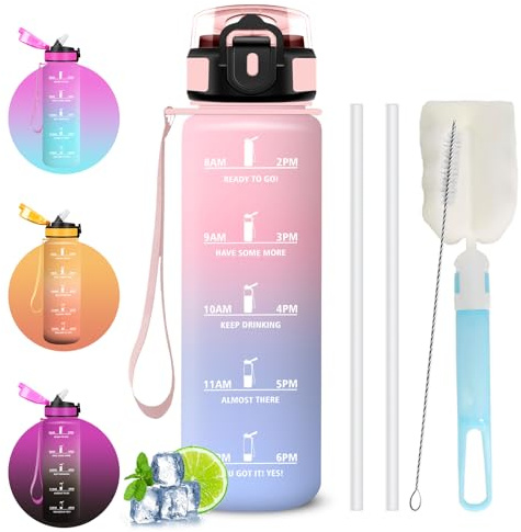 Mujigaga Borraccia 1 litro, Borraccia con Cannuccia, Senza Perdite, Water Bottle Palestra, Facile da Pulire, Bottiglia Graduata, Con Slogan Motivazionale, Borracce per Fitness, Sport, Campeggio