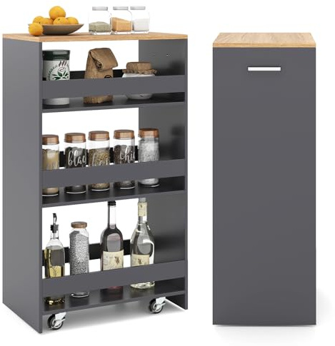 COSTWAY Nischenwagen 30cm breit, 4 Etagen, Grau, 47,5 x 30 x 80,5 cm | Küchenwagen schmal, Nischenregal auf Rollen, Servierwagen mit Griff & Geländern, Badregal Holz, für Küche, Badezimmer
