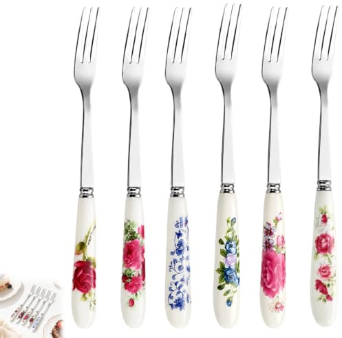 Cake Forks Set of 6, Stainless Steel Dessert Forks for Formal Parties and Family Gatherings, Multi-Design Small Fork for Cakes, Fruits, 15cm Vintage Ceramic Handles Floral Tableware