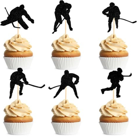 24Pcs Hockey Cupcake Toppers Ice Hockey Player Glitter Cake Toppers Decorations for Sport Theme Party Birthday Party Baby Shower Supplies