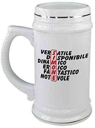 bubbleshirt Boccale da birra Compleanno - Simone e aggettivi simpatici - evento - in ceramica - capienza 50 cl - idea regalo
