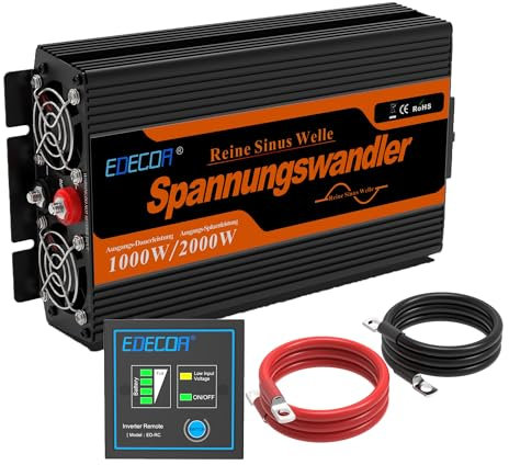 EDECOA Convertisseur Pur Sinus 12v 220v onduleur 1000w avec télécommande 2X USB Onde sinusoïdale Pure 230v, multicolore