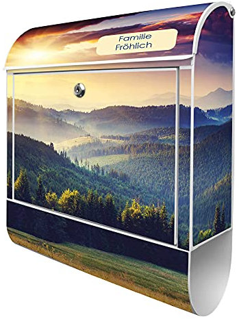 banjado Design Briefkasten mit Zeitungsfach 38,5 x 46,5 x 13cm / Postkasten mit Zeitungsrolle/Stahl Briefkasten bunt/Wandbriefkasten A4 Einwurf, Montagematerial, Karpaten Sonnenuntergang
