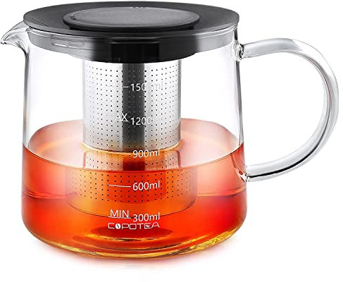 COPOTEA Glas-Teekanne mit herausnehmbarem Edelstahl-Teesieb und Kunststoff-Deckel für blühenden Tee und losen Blättertee, Herd und elektrische Kochplatte und Mikrowellen- und spülmaschinenfest,1500ml