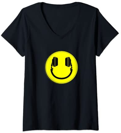 Femme Casque DJ Happy Face Edm Music T-Shirt avec Col en V
